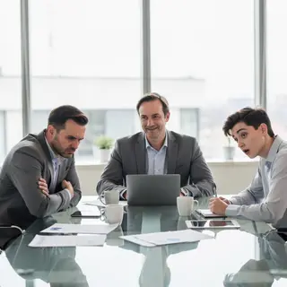 Three coworkers in a meeting: one looking frustrated with fu