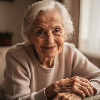 An elderly woman in her 80s with deep wrinkles and white hai