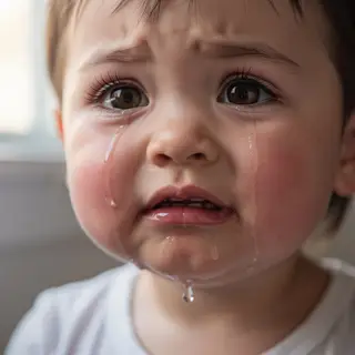 A 5-year-old child with round cheeks and large eyes, crying 