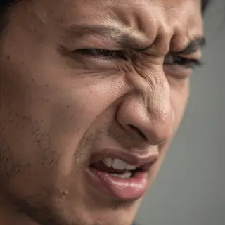 A close-up of a person's face showing clear disgust, nose wr