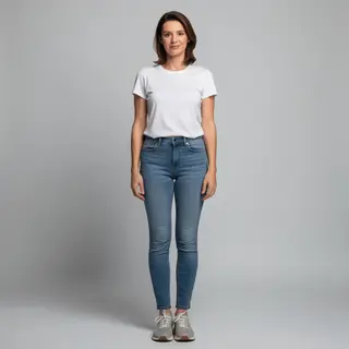A woman standing upright in a relaxed pose, arms at her side