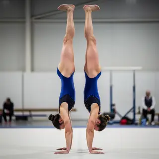 Two gymnasts performing a synchronized handstand, side by si