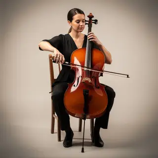 A cellist seated with correct posture, legs around the instr