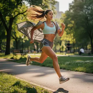 A woman mid-stride running through a park, hair and clothes 