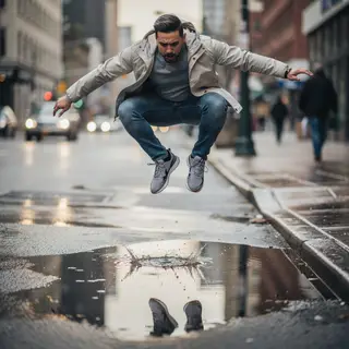 A man captured mid-jump over a puddle, body in the air with 
