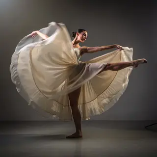 A dancer in a dynamic spin, dress flowing outward with one l