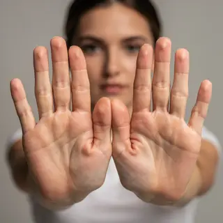 A woman holding her hands out in front of her palms-up, all 
