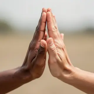 Two people doing a high-five, palms meeting with all fingers
