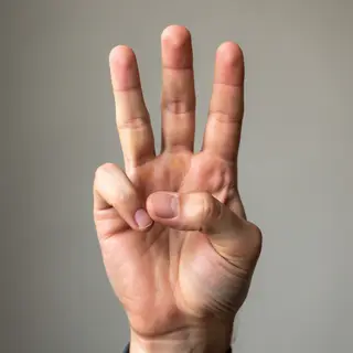 A person counting to three on their fingers, with index, mid