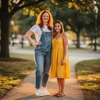 Two friends posing: one tall with curly red hair in denim ov