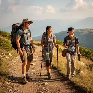 Three hikers on a trail: a man with a backpack and sunhat, a