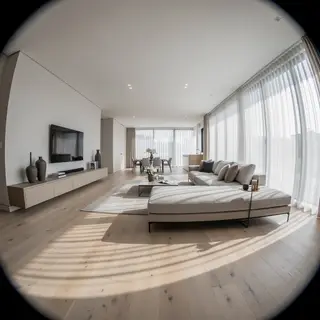 A wide-angle shot of a modern living room interior showing e