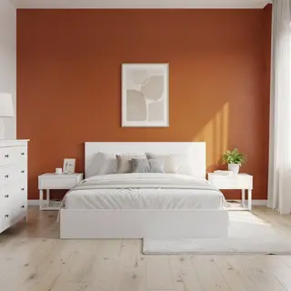 A bedroom wall painted in #FF6B35 (burnt orange) with white 