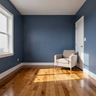 A room with walls in #4A90D9 (medium blue) with warm wooden 