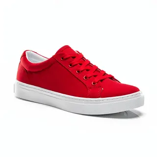 A single red sneaker on a clean white background with soft s