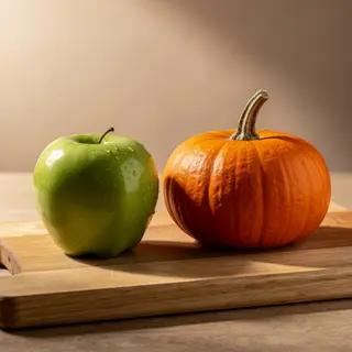 A green apple and an orange pumpkin on a wooden cutting boar