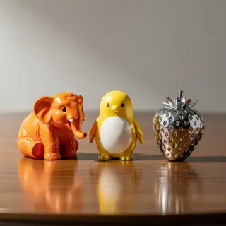 An orange elephant, a yellow penguin, and a silver strawberr