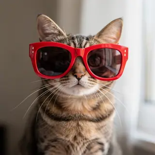 A tabby cat wearing oversized red sunglasses
