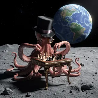 An octopus wearing a top hat and monocle playing chess on th