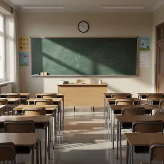 A classroom with desks and a chalkboard but no students