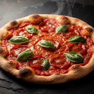 A pepperoni pizza with tomato sauce, basil, and crust but ab
