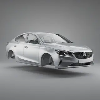 A car body with windows, doors, and headlights but no wheels