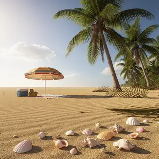 A sandy beach with palm trees, seashells, and a beach umbrel