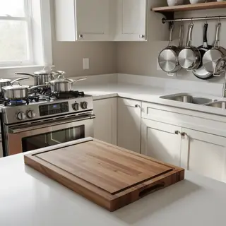 A kitchen with pots, pans, a stove, and a cutting board but 