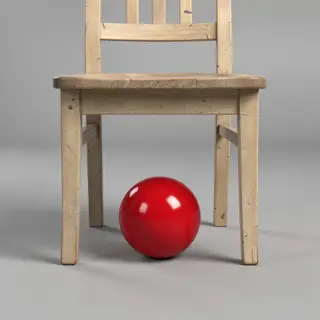 A red ball underneath a wooden chair
