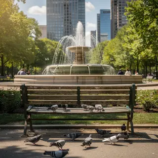 A city park with a park bench and pigeons in the foreground,
