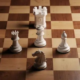 Five chess pieces on a board: a king in the center, a queen 