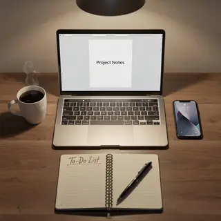 A desk scene: laptop in the center, coffee mug to the left, 