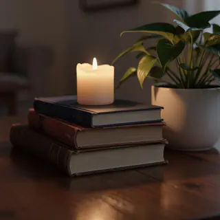 A candle on top of a stack of books, the books next to a pot
