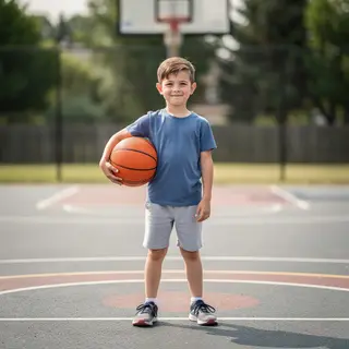 A child holding a basketball, both at correct relative sizes