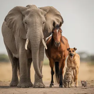 A group photo of an elephant, a horse, a dog, a cat, and a m