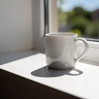 A coffee mug on a sunny windowsill casting a sharp shadow to