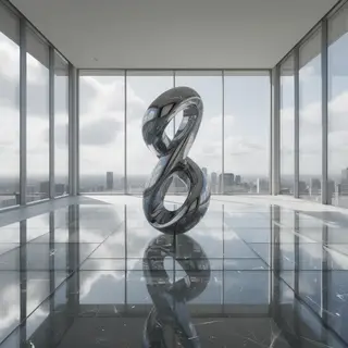 A chrome sculpture in a room with a glass floor and large wi