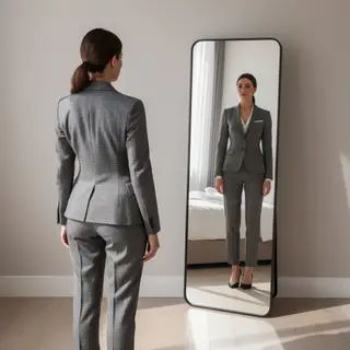 A woman standing in front of a full-length mirror, her refle