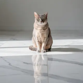 A cat sitting on a polished marble floor with its reflection