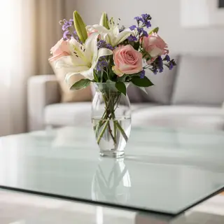 A vase of flowers on a glass table with a clear reflection v