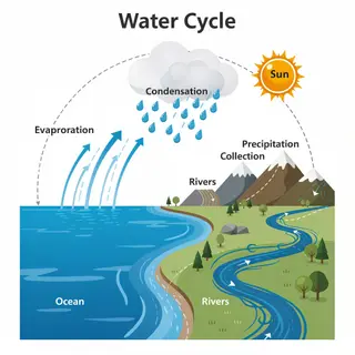 A detailed diagram of the water cycle showing evaporation fr