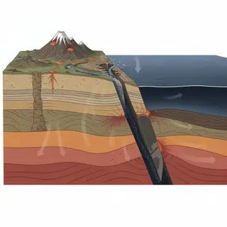 A cross-section showing tectonic plates at a convergent boun