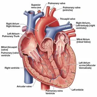 An anatomical illustration of the human heart showing four c