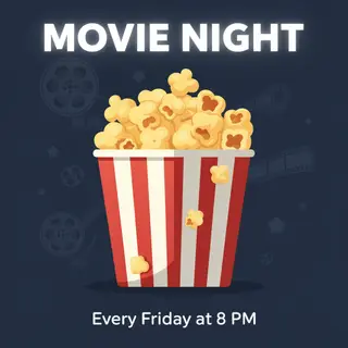 A movie night poster with a large popcorn image in the cente