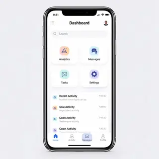 A mobile app UI mockup showing a dashboard with a top naviga
