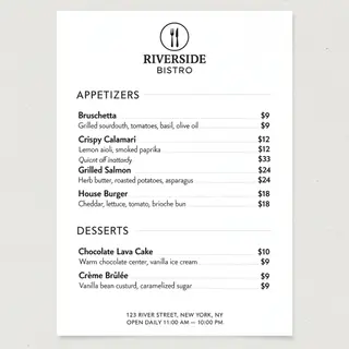 A restaurant menu layout with a logo header, three category 