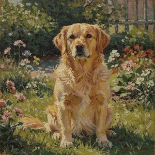 A golden retriever sitting in a garden, painted in the style