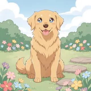 A golden retriever sitting in a garden, rendered in Japanese