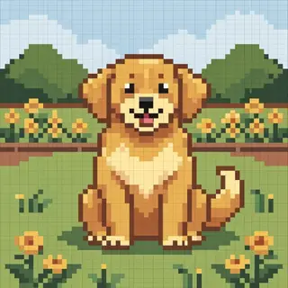 A golden retriever sitting in a garden, rendered in pixel ar