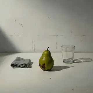 A still life painted in anxious minimalism — sparse composit